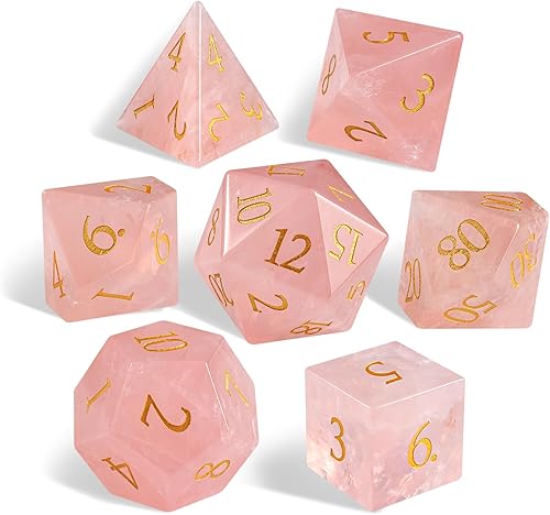 Juego de dados DND de cristal de cuarzo rosa, 7 dados de piedras preciosas rosas para Calabozos y Dragones, dados únicos D&D con estuche de dados