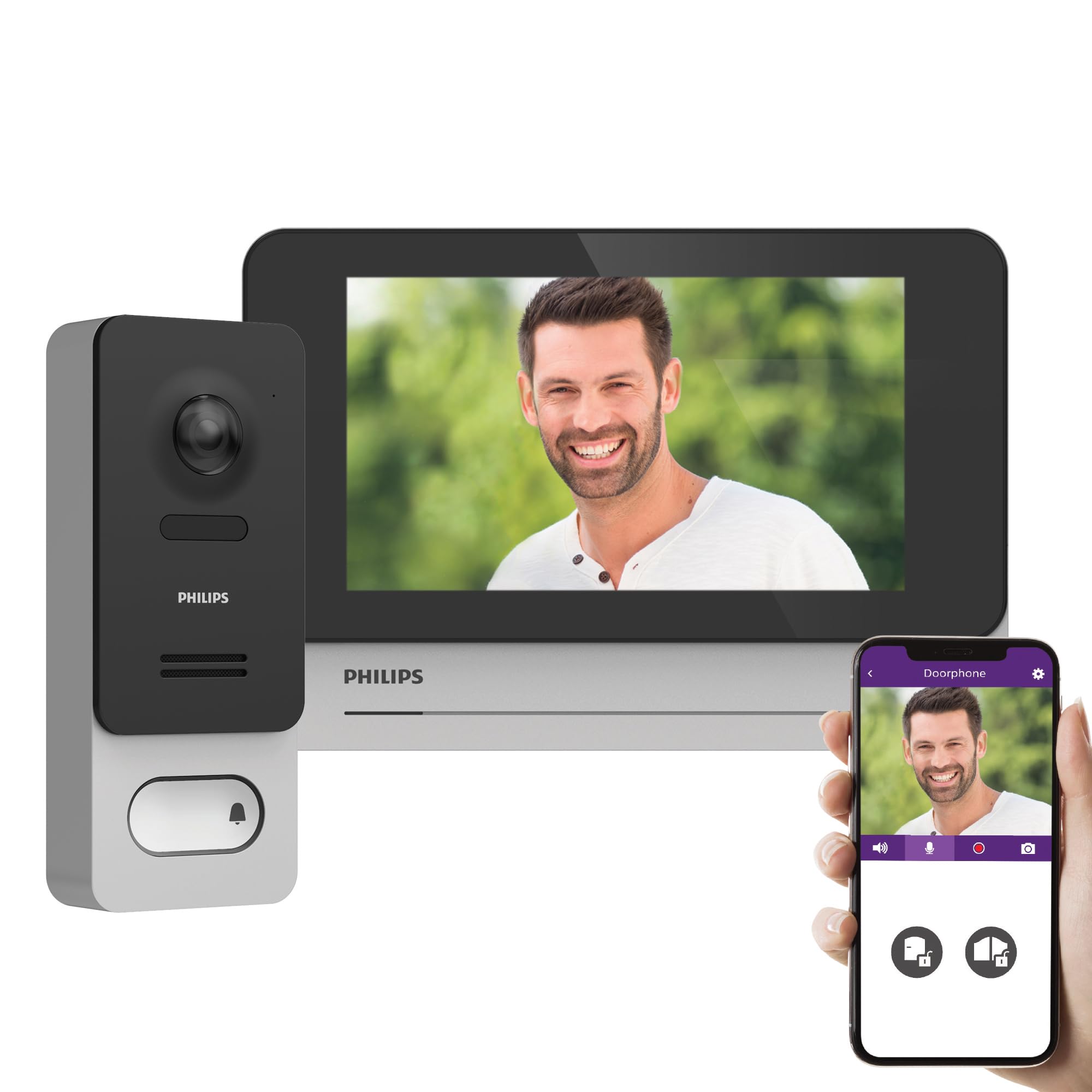 PHILIPS WelcomeEye Wireless, Visiophone Connecté sans Fil, Interphone Vidéo Batterie Rechargeable, Écran Tactile 7 Pouces, Portée 350m, Caméra 1080p Vision Nocturne, Application Smartphone, Noir