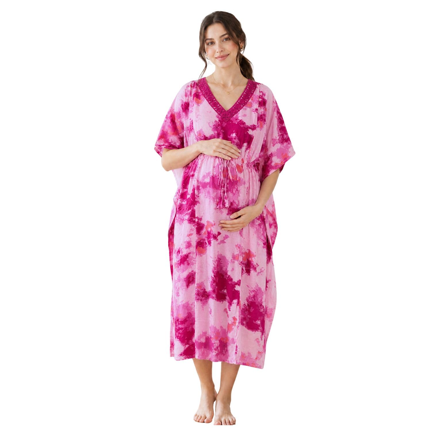 Pink Tie & Dye Rayon Maternity Kaftan/Free Size/Feeding/Nursing/Zipper/Drawstring/Calf Length-image-46