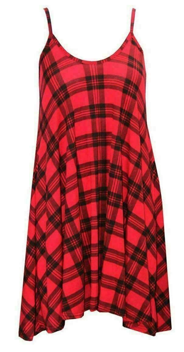 Fairy Trendz Ltd Women's Tartan Red Plus Size Plain Printed Strappy Sleeveless Cami Swing Dress 8-26( Uk 24-26)