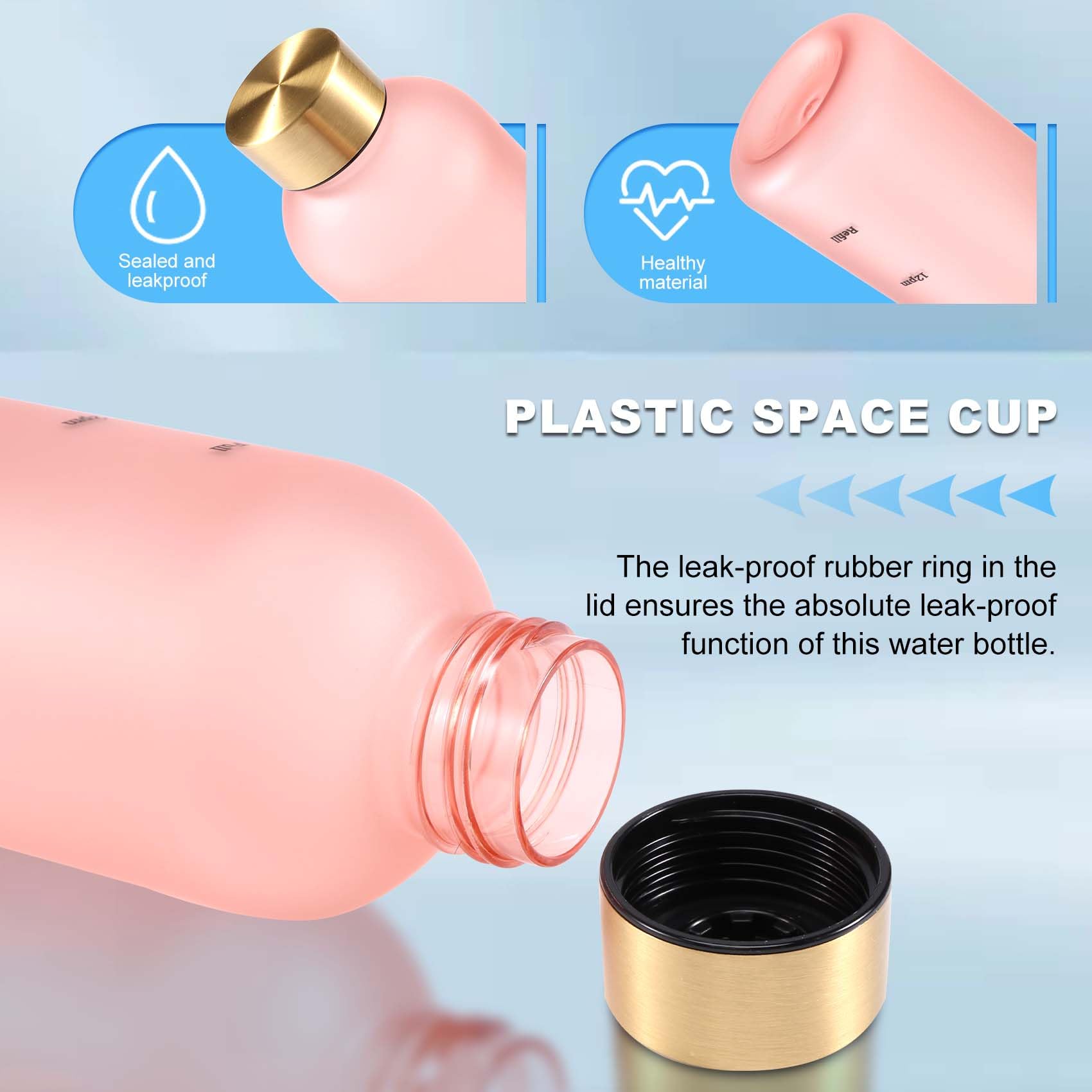 Doumneou Tasse En Plastique – Capacité Transparente Givrée Bouteille D'eau Avec Couvercle En Cuivre Et Marqueur De Temps 1000 Ml Rose