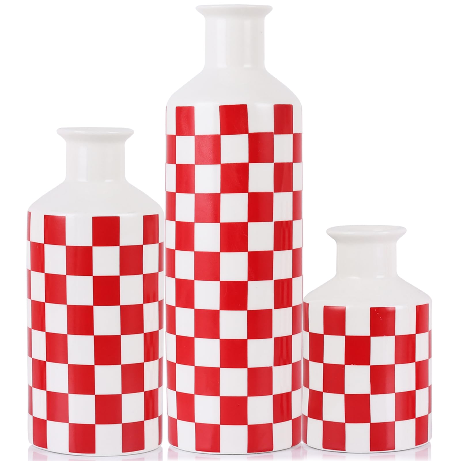 Keramik-Vasen-Set im Schachbrettmuster, 3-teilig, schwarz-weiße Porzellanvasen in verschiedenen Höhen, Moderne, minimalistische Wohndekoration für Wohnzimmer, Regal und Tisch (Rot)