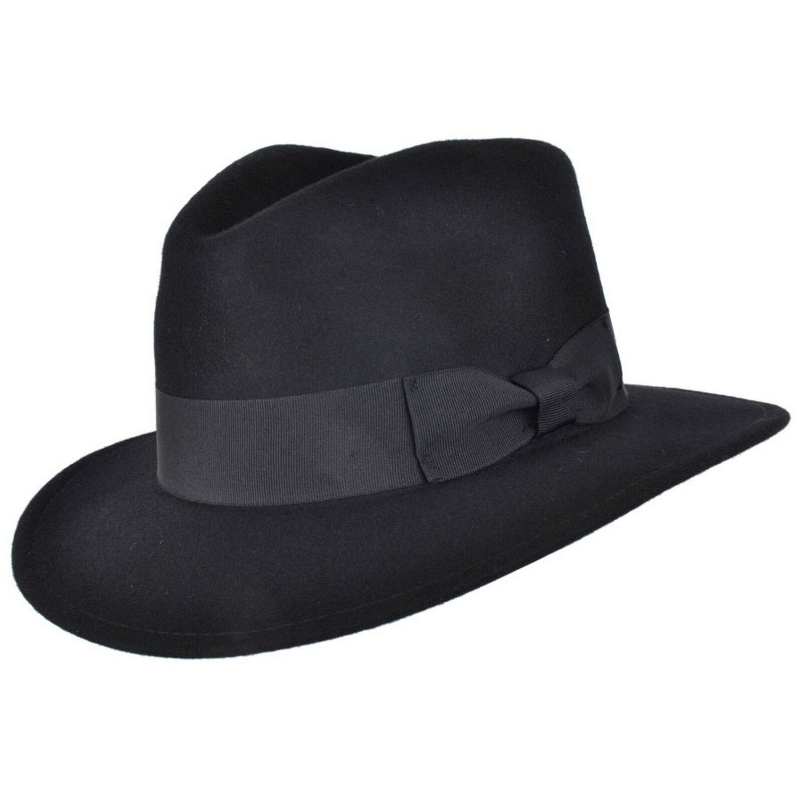Hand Made Crushable Felt Fedora HAT 100% Wool Elegant Gents HAT with Wide Band Indiana Style (Black, Small 55cm)
