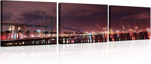 Lienzo decorativo de 3 piezas, diseño de Vincent Thomas Bridge at Night San Pedro, ciudad de California, decoración moderna para el hogar, puerto de