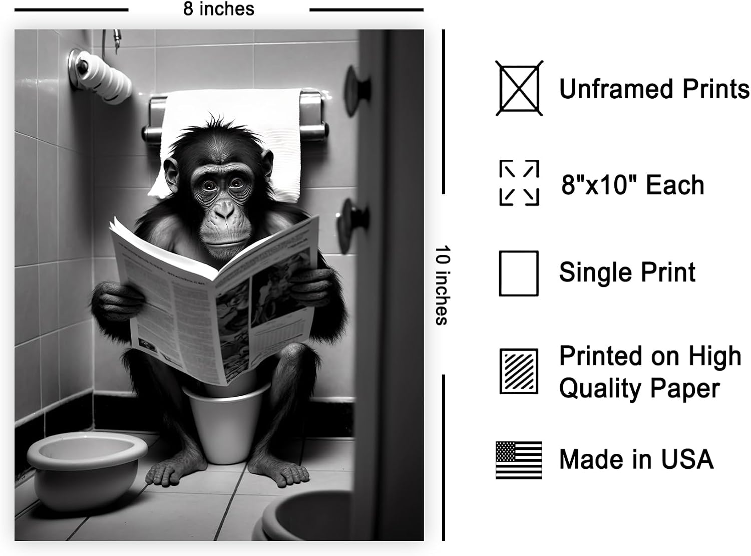 Poster Master Monkey Reading a Newspaper Print - Sitting on Toilet Poster - Funny Bathroom Decor - Humorous Guest Bath Decoration - Restroom Sign - 8x10 UNFRAMED Wall Art