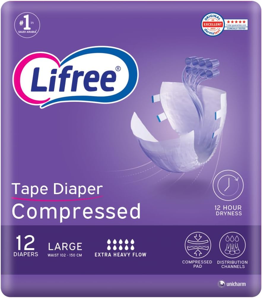 Compressed Adult Diaper Tape, Large Size , 8 Cup Absorbency, Regular Pack, 12 Pieces