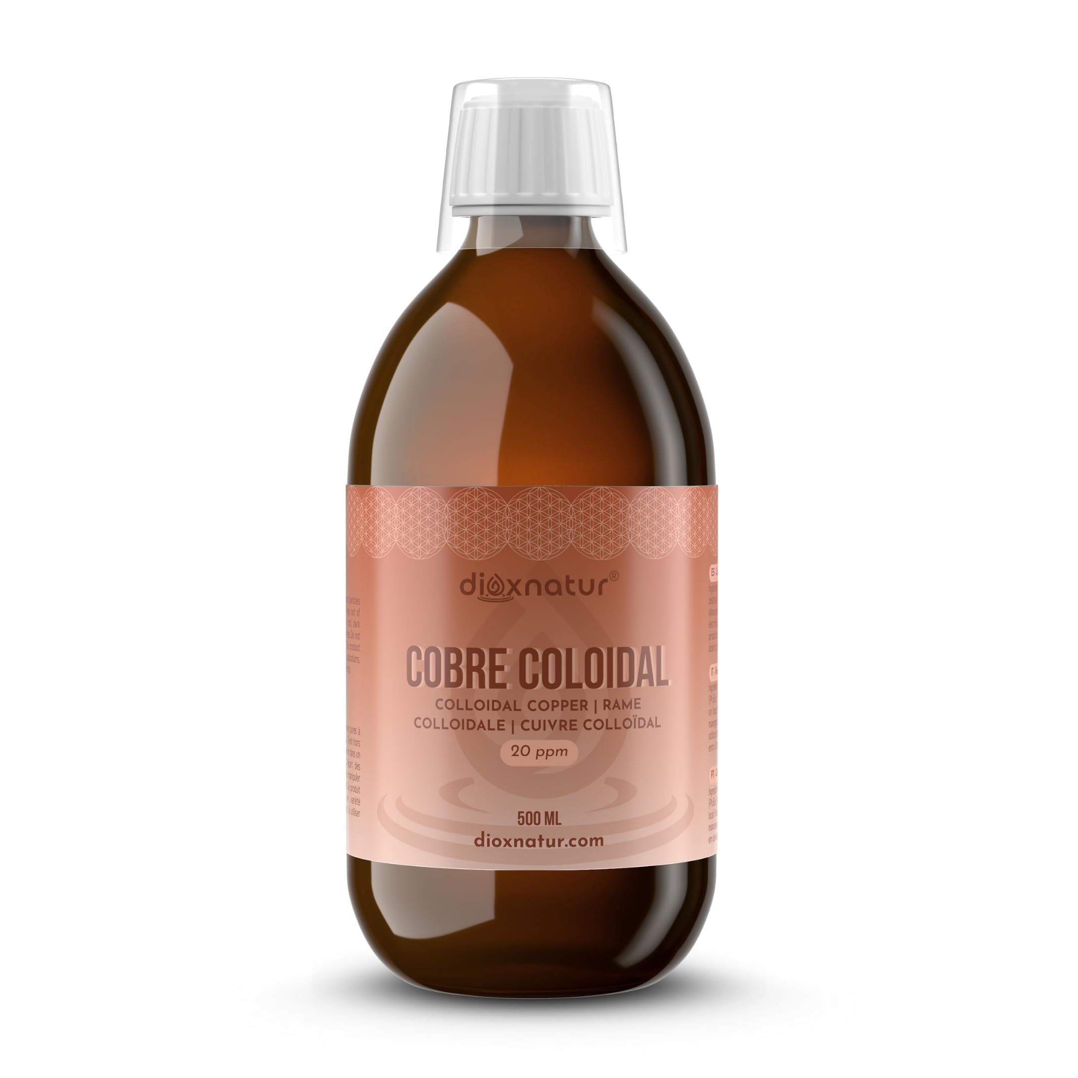 Cobre Coloidal 500 ml - 20 ppm - 99,99% Pureza - Solución Líquida con Agua Bidestilada - Botella Vidrio Ámbar con Vasito Medidor