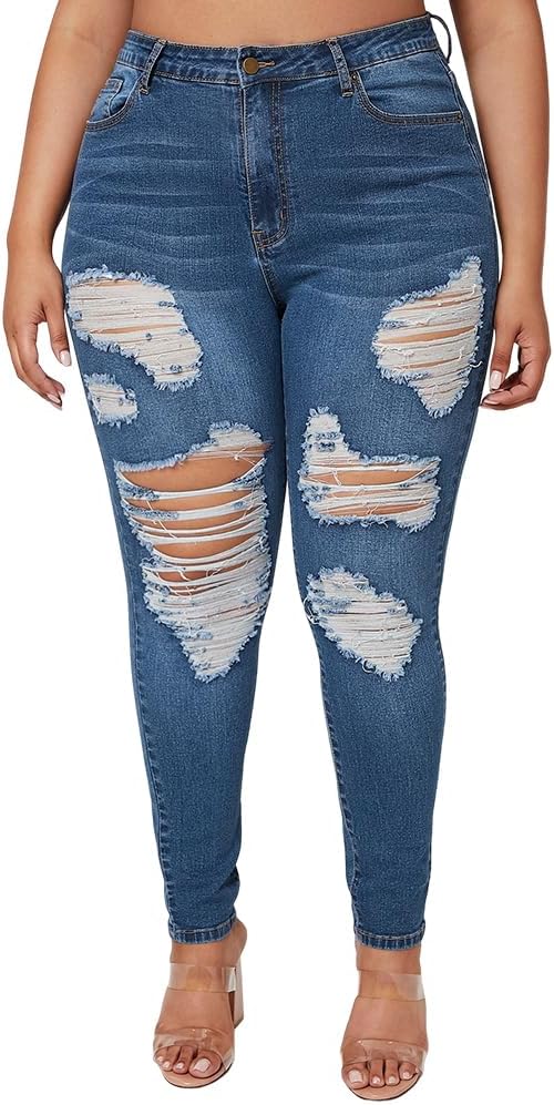 ALLABREVE Womens Plus Size Skinny Jeans Stretchy High Waisted Ankle Jean Ripped Slim Fit Washed Denim Distressed Tight Jean