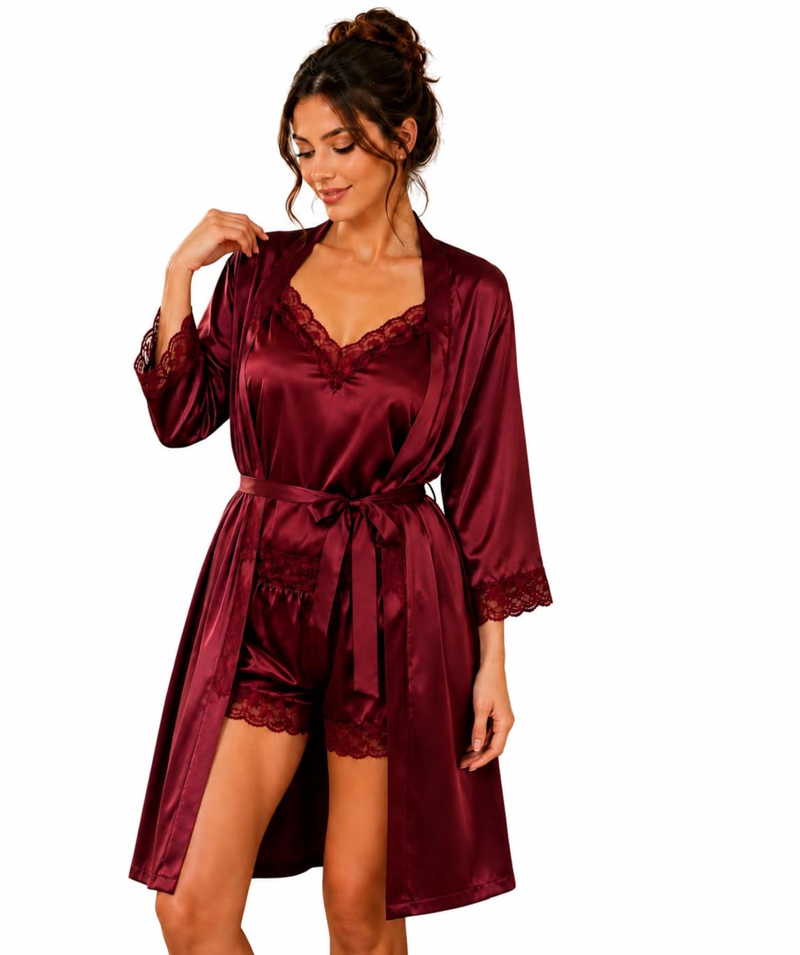 Women Night 3 Peice Suit Set | Soft Silk Feel cami top & Shorts with Gown Sleepwear | Lace Trim Night Co-ord Set Maroon-picture-51