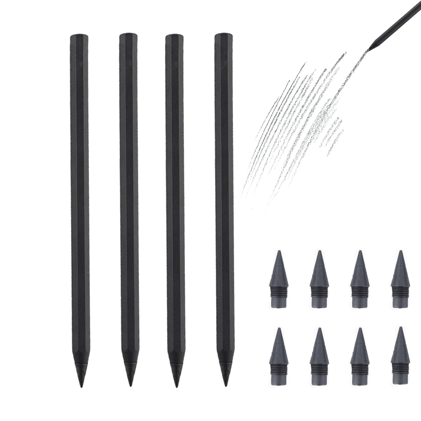 everpen Forever Pencil,Metal Infinity Pencil with Replaceable Nib, Metal Alloy Writing Instrument, With 12 Colored Refill Tips, Pencils for Drawing, Sketching and Writing (4pcs-Black)
