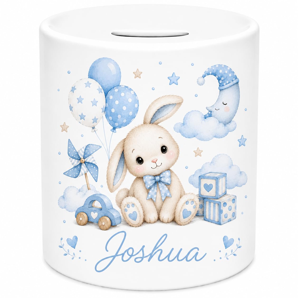 Personalised Bunny Ceramic Money Box – Custom Baby Boy Coin Bank with Any Name – Cute Blue Rabbit Piggy Bank for Boys, Babies & Toddlers – Nursery Savings Pot Keepsake Gift