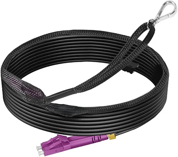 330ft/100m OM4 LC to LC Outdoor Armored Fiber Patch Cable, MM Multimode (50/125), Direct Burial Industrial TPU, 40GB/100GB, with Pulling Eye Kit, OD 3mm, 𝙍𝙖𝙢𝙗𝙤𝘾𝙖𝙗𝙡𝙚𝙨