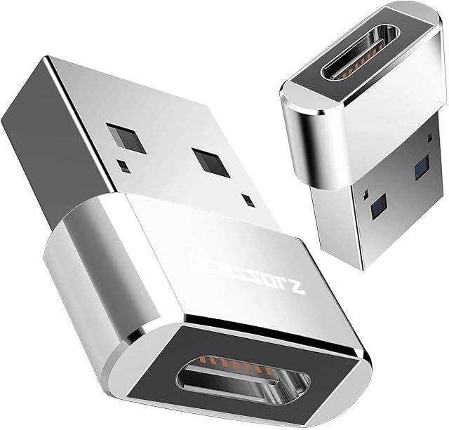 USB C to USB Male Adapter, Acessorz [2-Pack] Mini Hi-speed USB Female (Type-C) to USB 2.0 Male (Type-A) Fast Charging & Data Sync OTG Adapter Connector Converter - Pack of 2 (Silver)