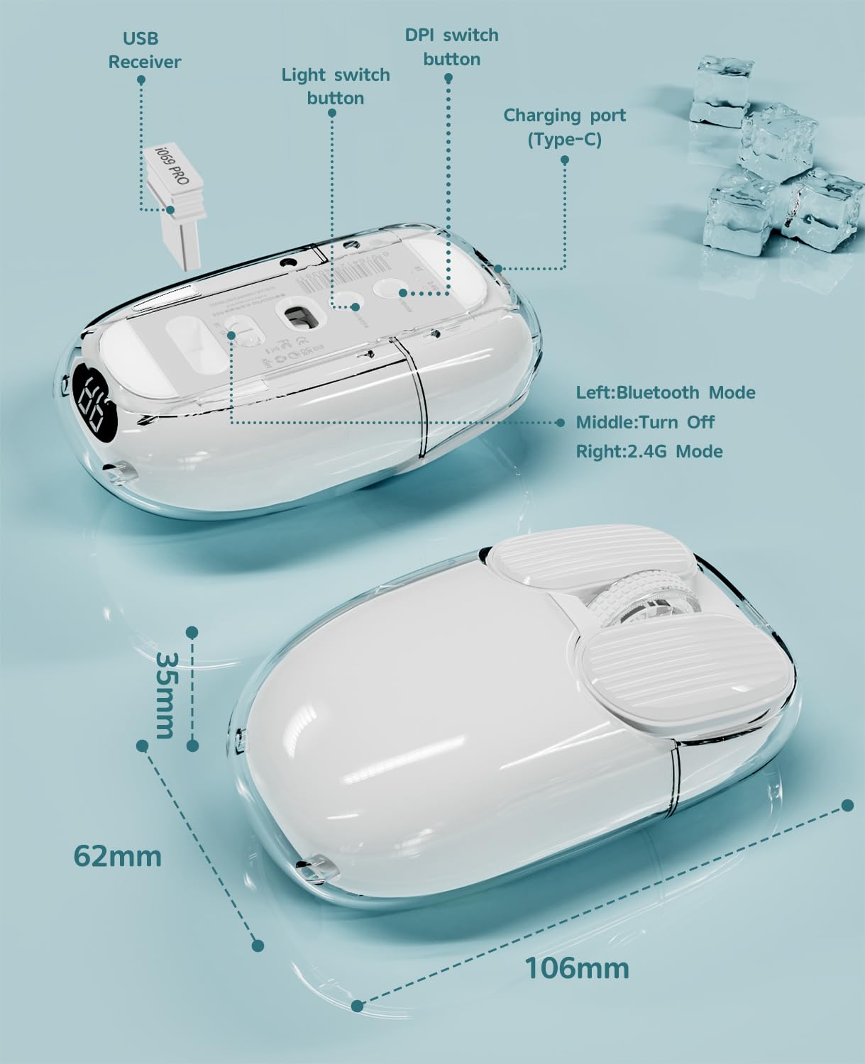 MAMBASNAKE Mouse da gioco wireless Bluetooth, simpatico mouse senza fili silenzioso, display alimentazione,guscio trasparente, 7 luci RGB, ottico 1600DPI, mouse portatili ricaricabili 600mAh (bianco)