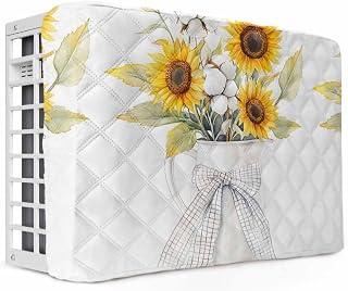 Indoor Air Conditioner Covers for Window Units, Sunflower Waterproof AC Cover for Inside with Drawstring, Cotton Flower Farm Plant Bow Ribbon Lattice Double-Layer Insulation AC Cover 25x18x3.5in