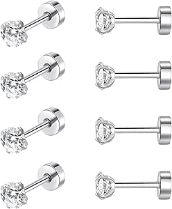 5 Pairs Titanium Screw Back Cubic Zirconia Studs - Hypoallergenic Helix Piercing Jewelry For Sensitive Ears