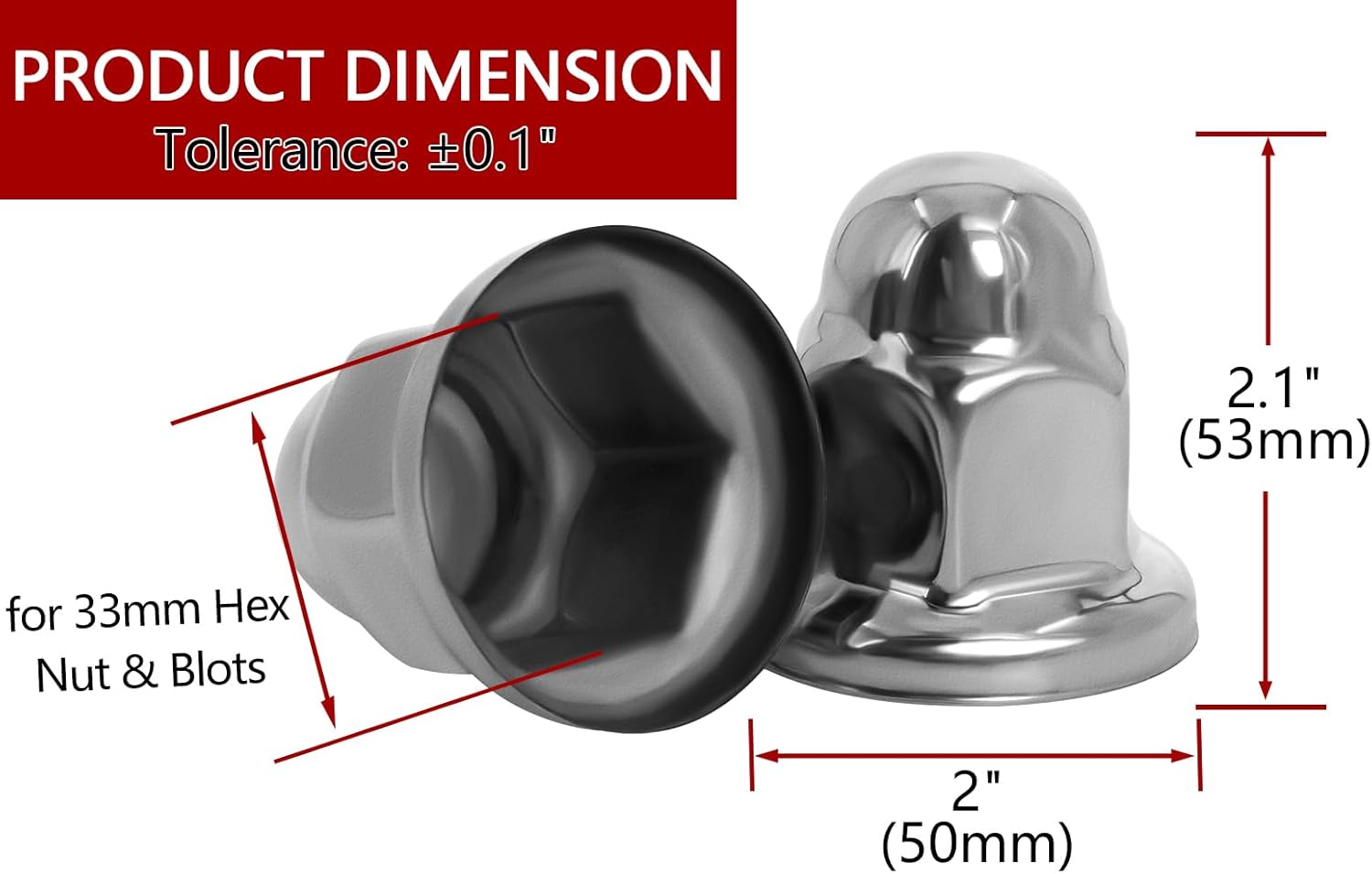 33mm Lug Nut Covers Push on for Semi Trucks, ABS Plastic Bullet Flanged 2-1/2" Height Caps with 33 mm Chrome Nut Cover Puller (60 Pack)