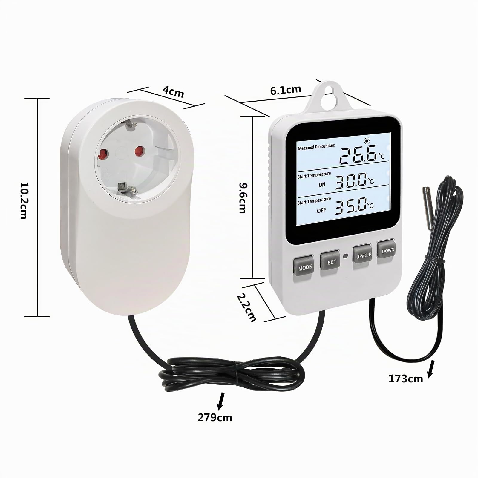 Thermostat Digital à Brancher sur Une Prise de Courant, régulateur de température, Interrupteur de Chauffage et de Refroidissement avec capteur, pour Tapis d'incubation, serres pour Reptiles