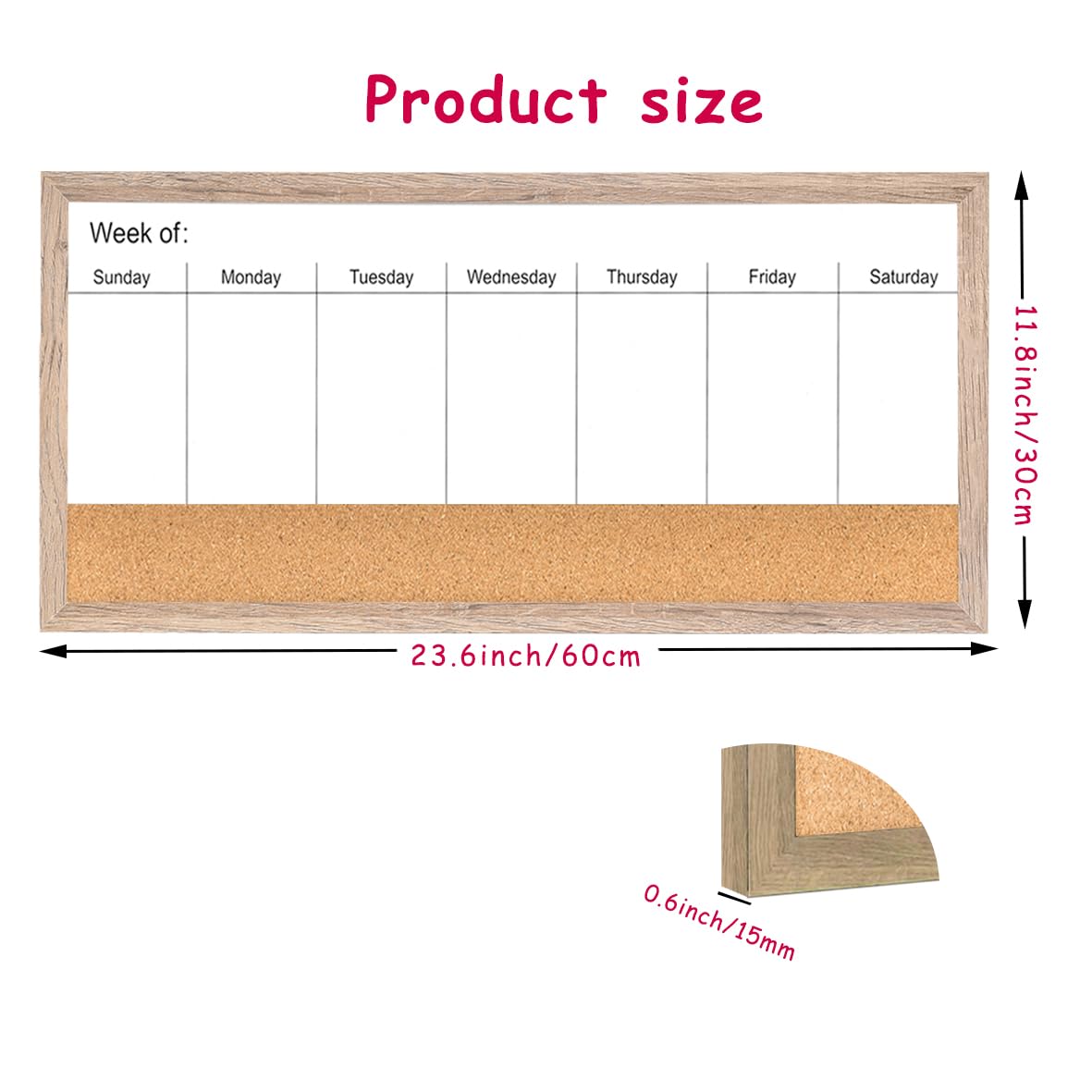 Pizarra blanca magnética semanal de borrado en seco y tablero de corcho, marco de madera marrón rústico, pizarra blanca de superficie magnética para decoración de pared y oficina en casa