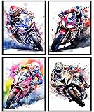 CNTG Design Motorcycle Racing Posters – Set of 4 (8'x10', Unframed) Sports Bike Wall Art Prints for Teen Boys Room, Garage, or Man Cave Decor (Model 1, 8x10 Inch)