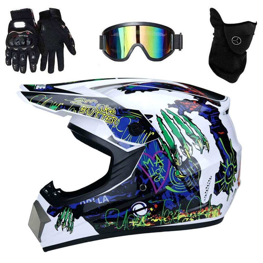 Doble Deporte MTB Casco de Motocross, con Gafas Guantes Mascarilla, Juventud Niños Integral Todoterreno ATV Scooter Callejero Motocicleta Cascos, Descenso BMX Quad Dirt Bike Enduro Casco
