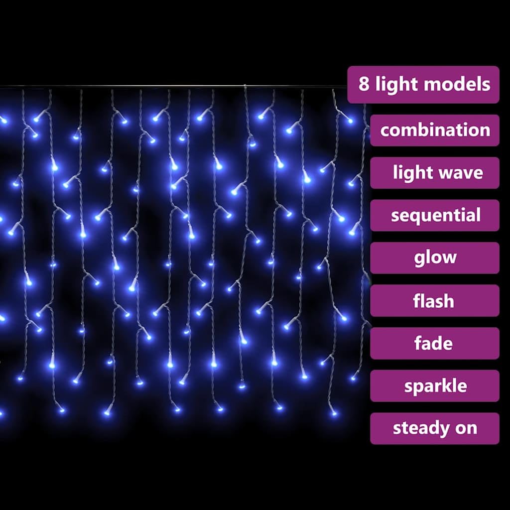 Lichtervorhang LED Eiszapfen 10 m, 400 LED Blau mit 8 Funktionen, energiesparende Weihnachtsbeleuchtung für Innen und Außen, Kupferdraht, geeignet für Fenster, Balkon, Garten