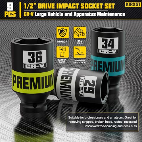 Image of 9 Piece 1 /2 inch Drive Impact Socket Set, Metric Axle Nut Sockets, 29-38mm Thicker Jumbo Sockets, Socket Set, 6 Point, Cr-V Steel for Auto Repair