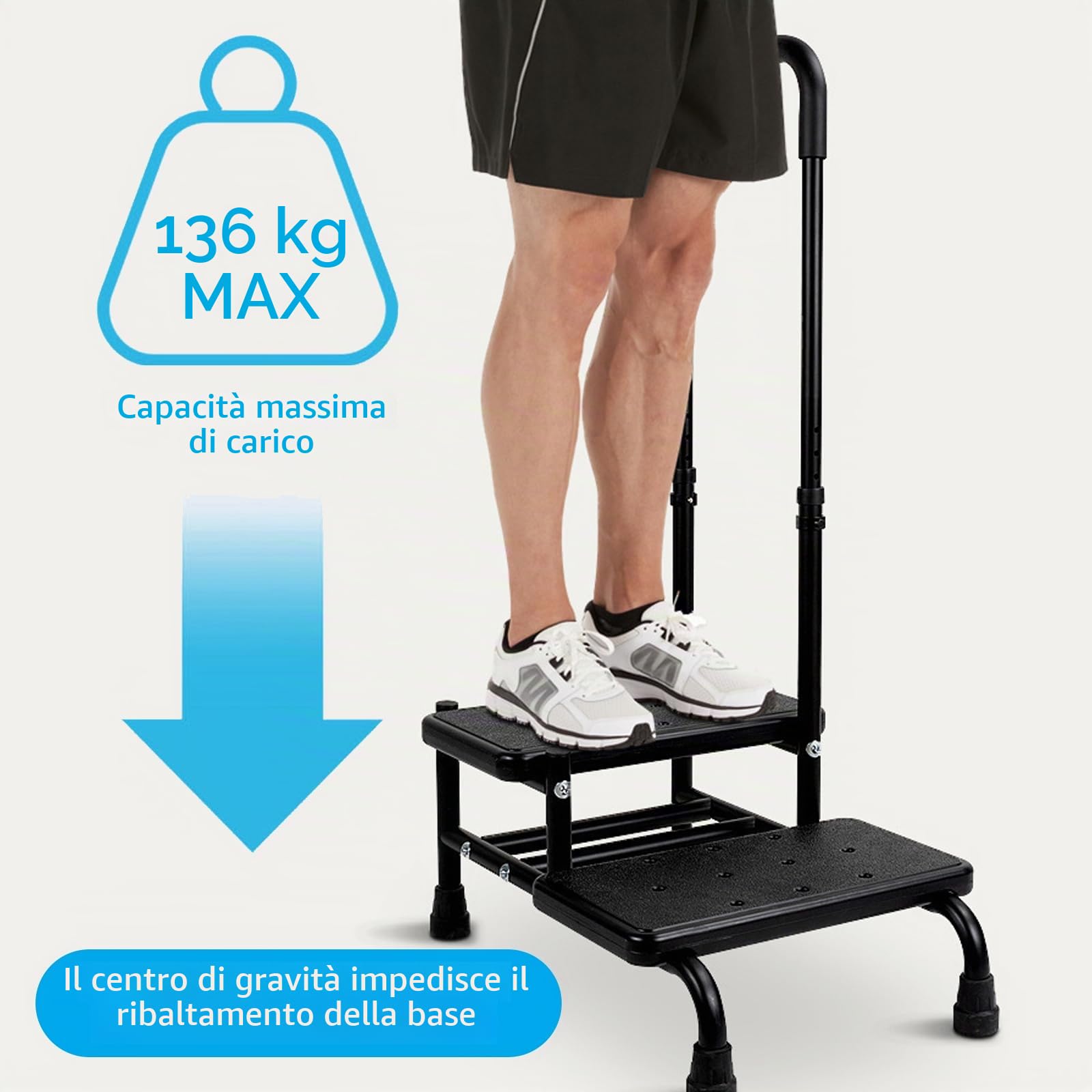 Sgabello con maniglia, doppio gradino fino a 160 kg, scala con pedana antiscivolo, per adulti, anziani e bambini in cucina, bagno e casa