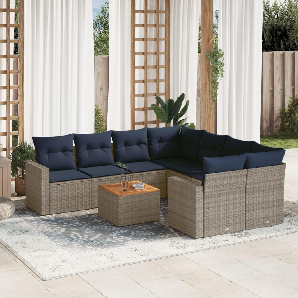 9 Piece Patio Sofa Set with Cushions Gray Poly Rattan Poolside Furniture Set Garden Seating Ensemble for Garden Backyard