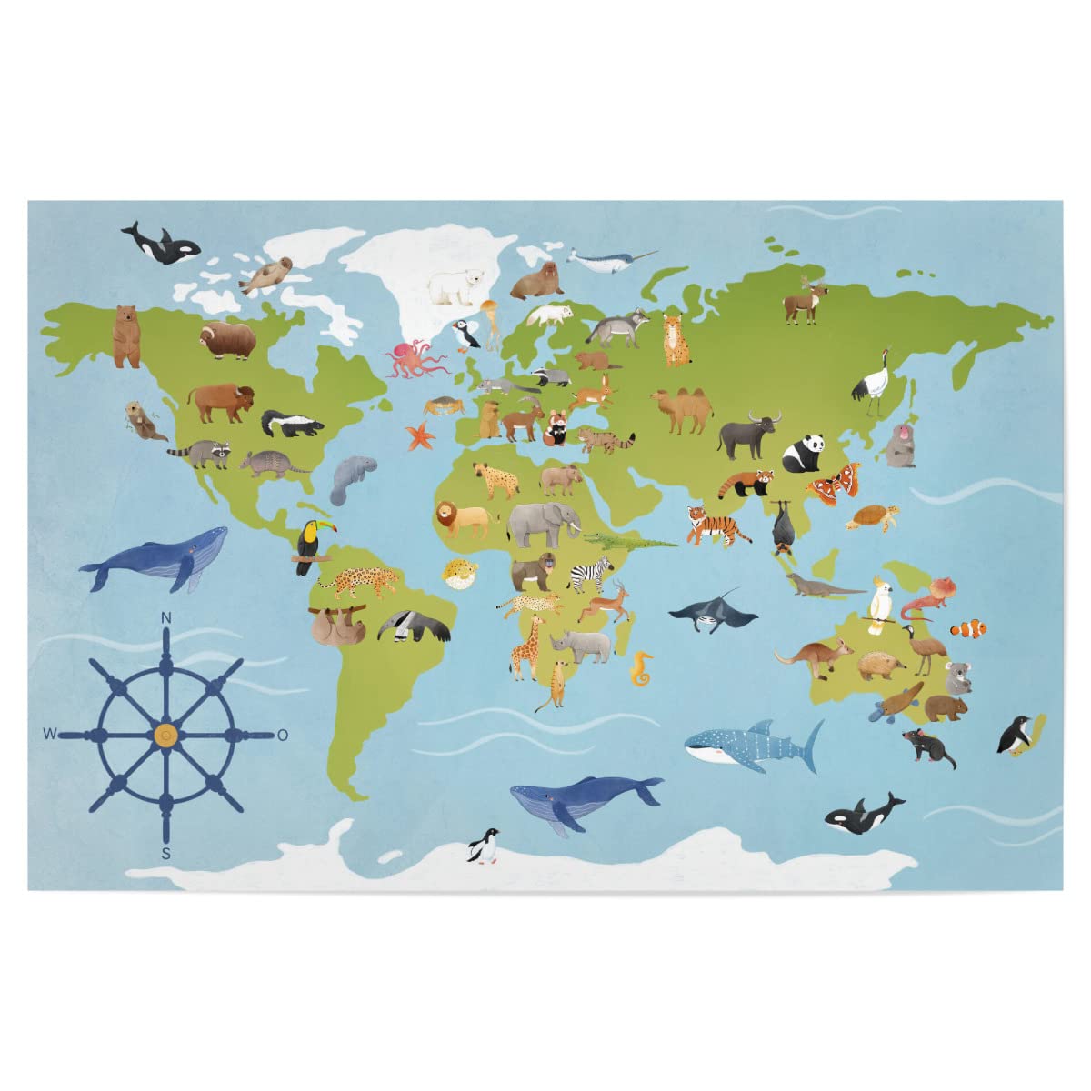 artboxONE Poster 120x80 cm Für Kinder Tiere der Welt - Bild weltkarte kontinente lebensräume