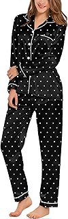SWOMOG Womens Silk Satin Pajamas Set Long Sleeve Button Down Sleepwear 2 Piece Lounge Set Pj Set XS-3XL