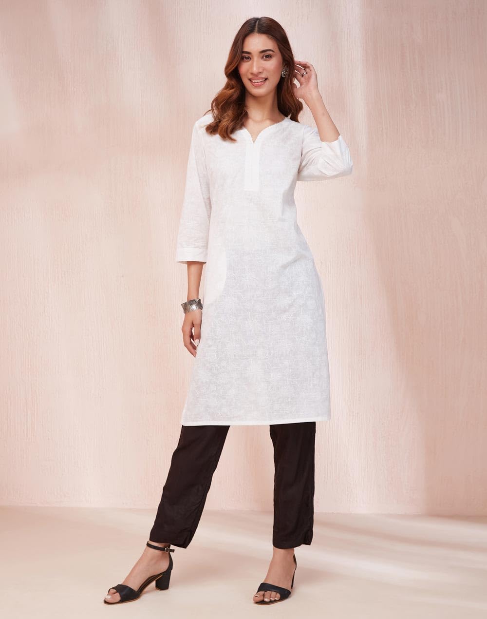 Fabindia Women's Cotton Printed Regular Kurta (1037328White_White