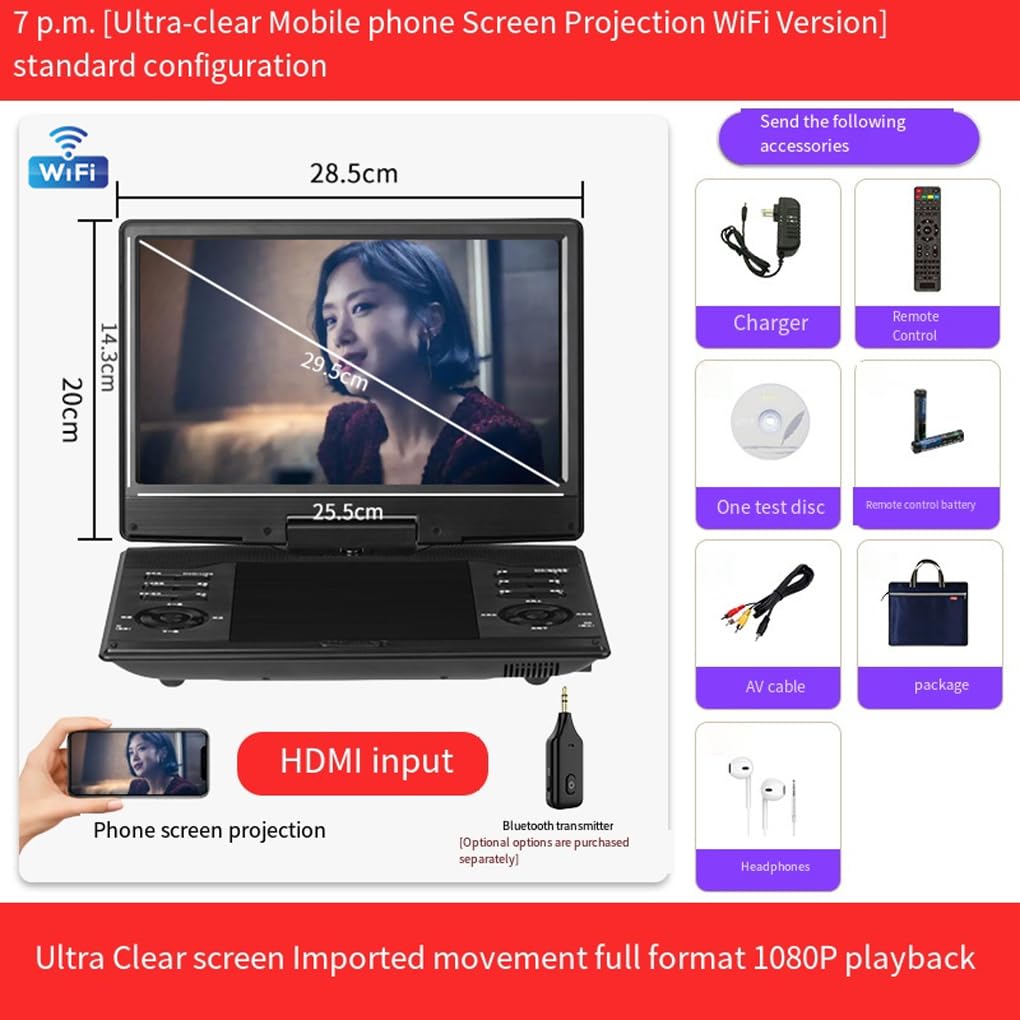 Reproductor de DVD para TV con instalación de aplicación y Conectores para Auriculares. Admite Unidad Flash USB y reproducción de Discos, 11.6 Pulgadas