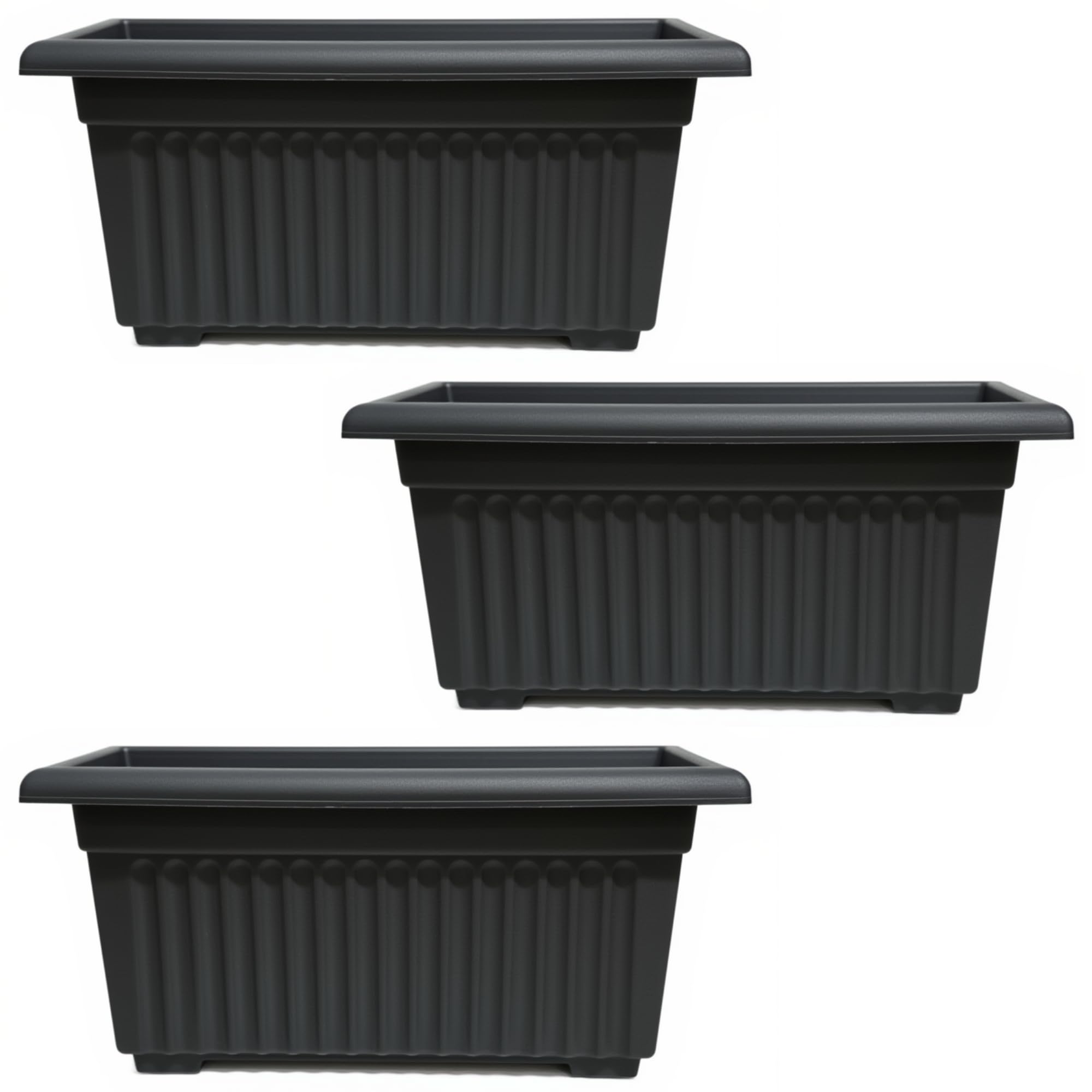 SIDSONS Plastic Trough Plant Pot Long Planter Home Outdoor Garden Window Herb Flower Box Windowsill Patio Bushes Window Box Rippled Effect, Optional Drainage Holes 55cm Black Set Of 3