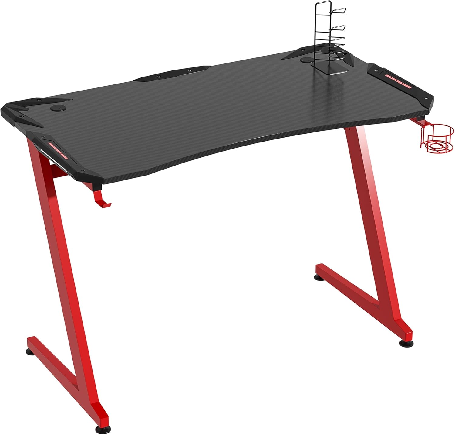 HOMCOM 122 x 66 cm Gaming Desk, Carbon Fibre Covered Computer Desk, Gamer Workstation with Headphone Hook, Cup Holder and Gamepad Storage Rack, Black and Red