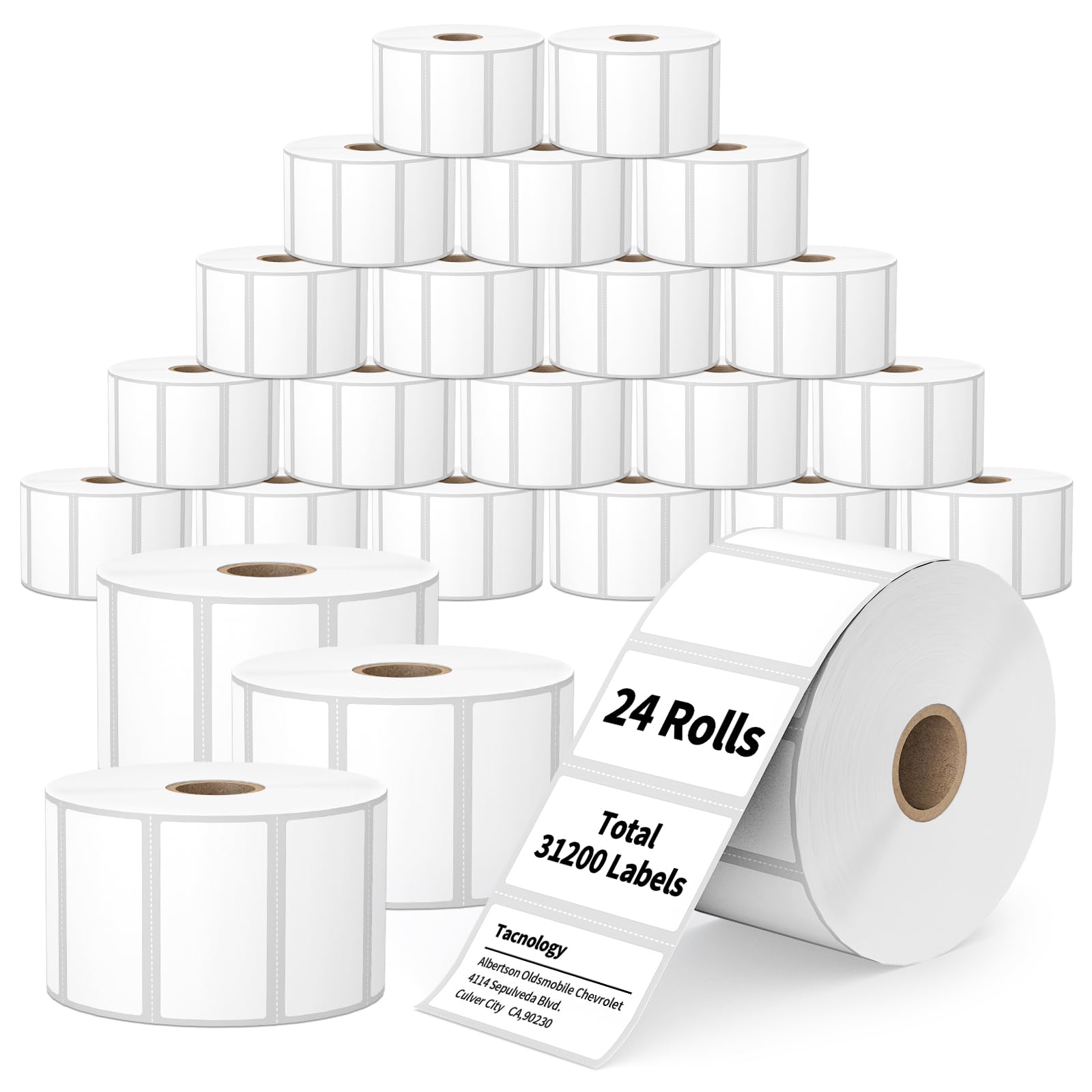 Tacnology 24 rollos de etiquetas térmicas directas de 2 x 1 pulgada, etiquetas perforadas de repuesto de código de barras, compatibles con impresoras de escritorio Rollo & Zebra, etiquetas adhesivas