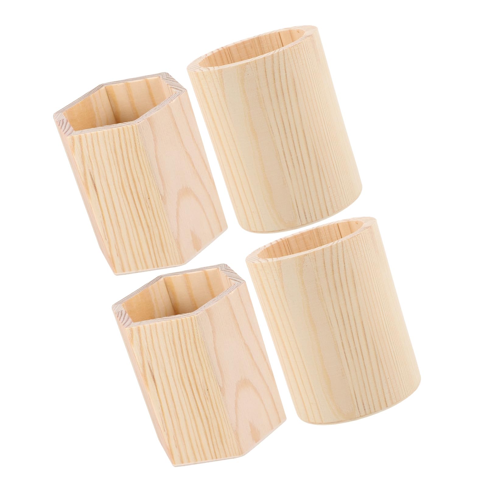 4 Portalápices de Madera Natural para Escritorio Organizador Hexagonal y Redondo DIY Contenedor Rústico para Pinceles de Maquillaje y Papelería Set de 4 Unidades Beige
