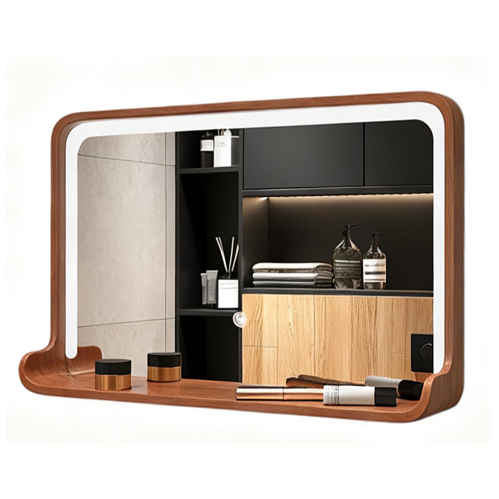 SXFSDOU Illuminated Bathroom Mirror with Touch Switch Dimmable 3 Light Colors Walnut Finish 40x60cm/16x24in Perfect for Makeup and Grooming Stylish Modern Design