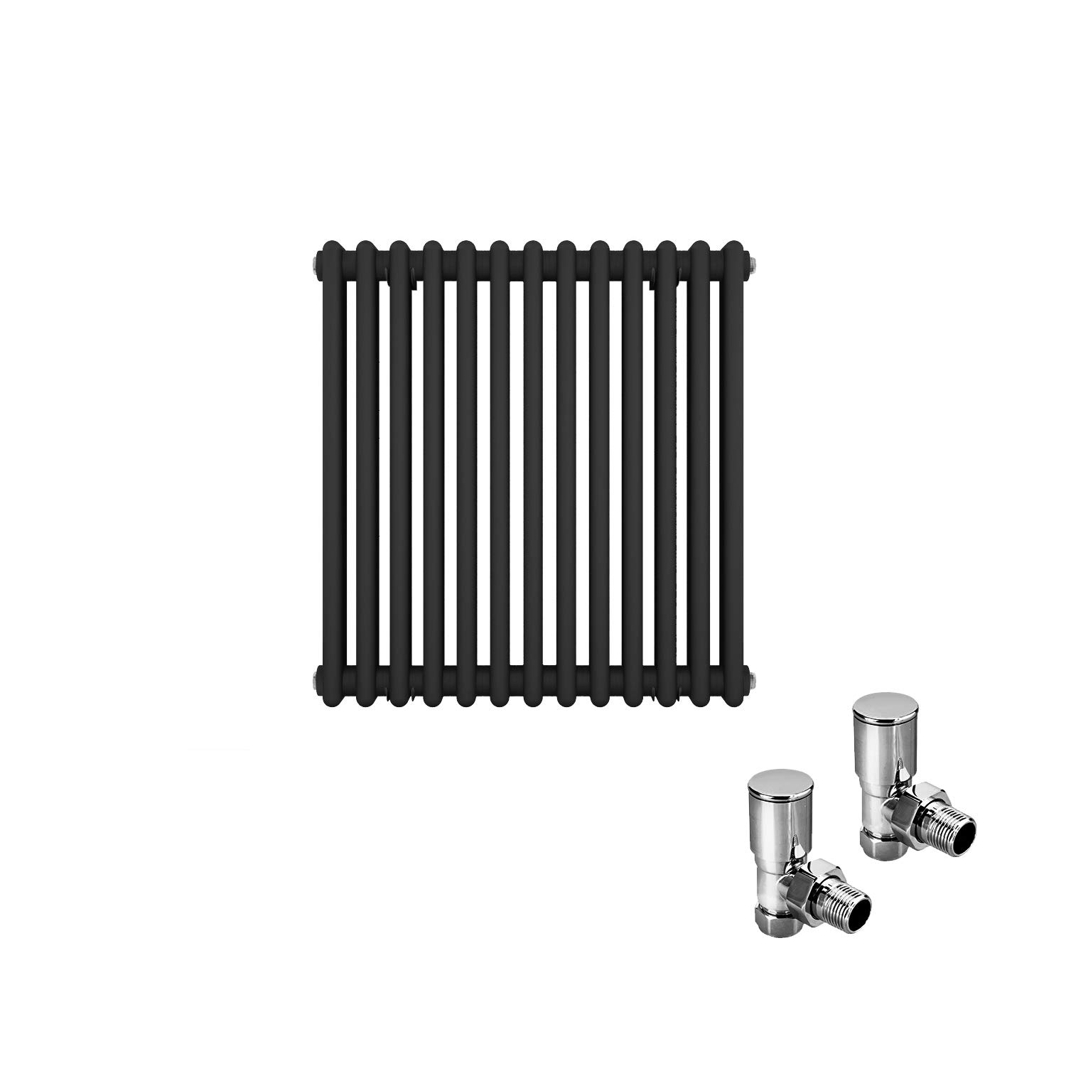 ELEGANT 600 x 605mm Cast Iron Style 2 Column Grey Radiators Traditional Horizontal Double Bar Colosseum Anthracite Designer Rads with Valves Chrome โ image 1