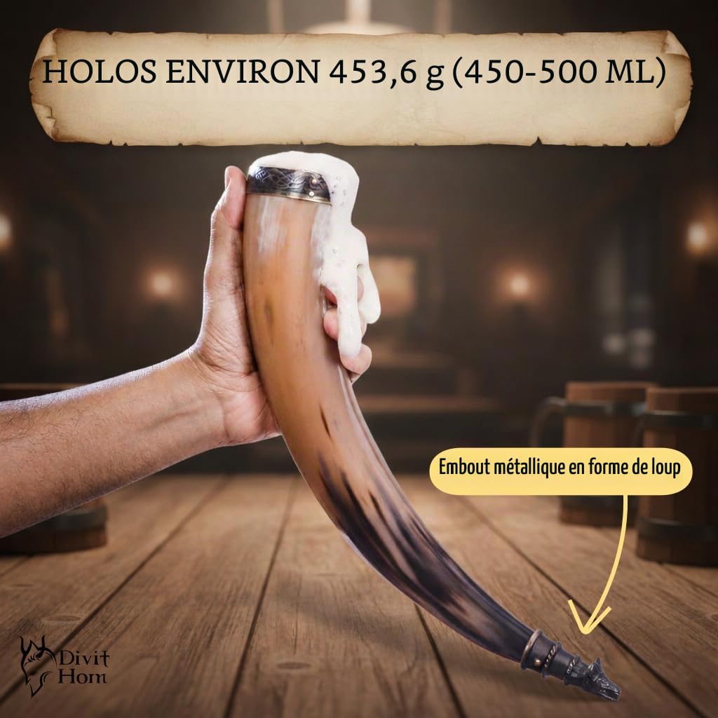 Corne à boire Viking avec support en fer véritable Divit | Ornements en laiton et sac-cadeau en toile de jute inclus | Corne de 13 ’’et capacité de 16 oz(450-500ml) (Wolf, Polished)