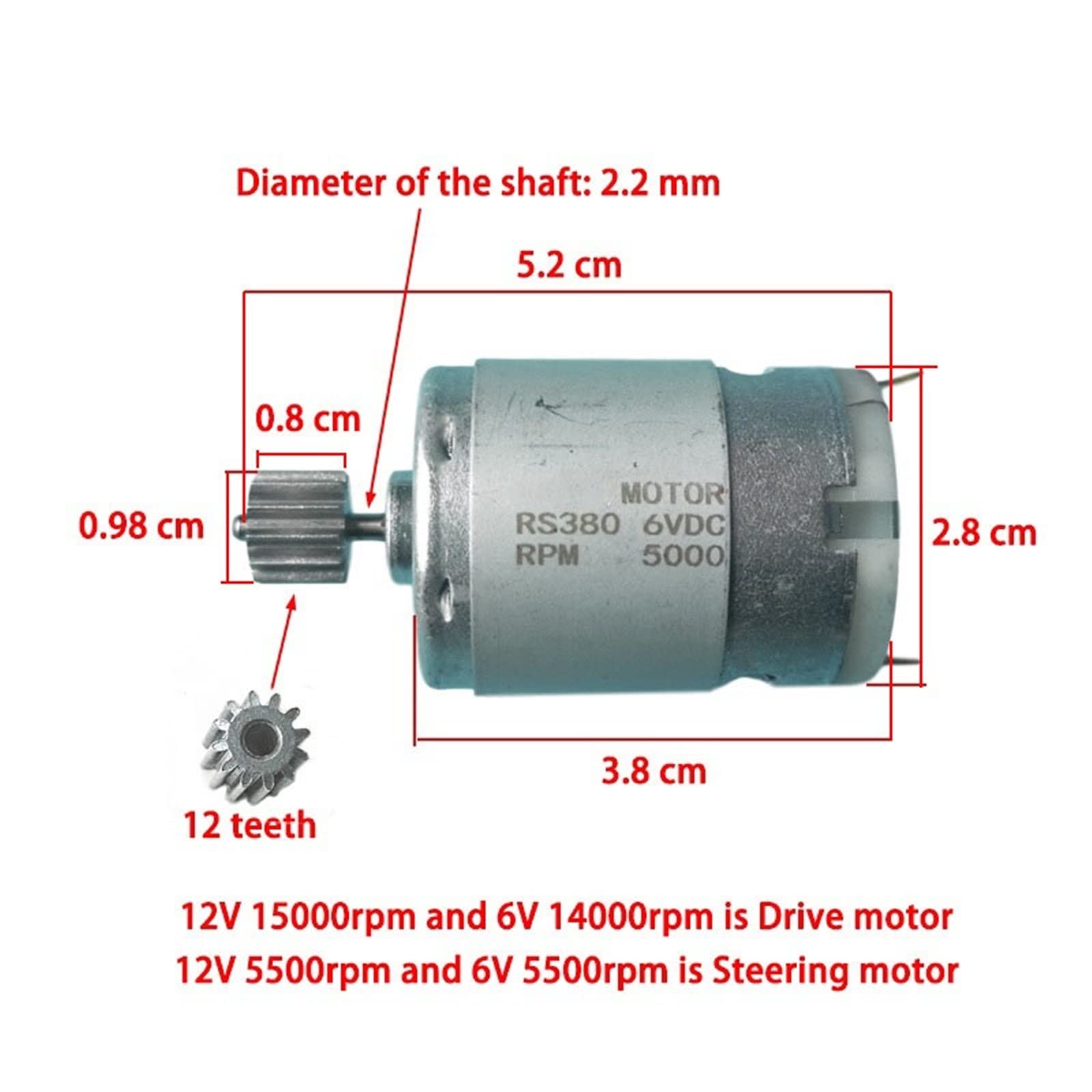 Motor de CC， Motor de Repuesto for Juguetes Infantiles, Coche eléctrico, Cochecito, Motocicleta, CC 6 V, 12 V, RS380 390, 12 Dientes(380 6v 13000rpm)