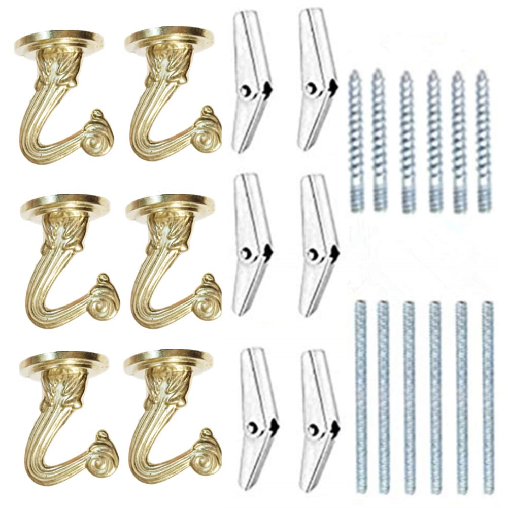 LIFEUNITE 6 Sets White Ceiling Hooks for Hanging Plant, Heavy Duty Swag Toggle Hooks with Hardware (Gold)