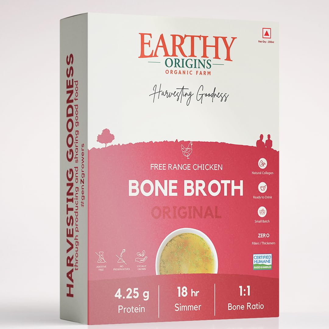 Earthy Origins Free-Range Chicken Bone Broth Liquid – High Protein, Collagen-Rich, Original Instant Mix, Certified Humane, No Additives (200ML, Original)