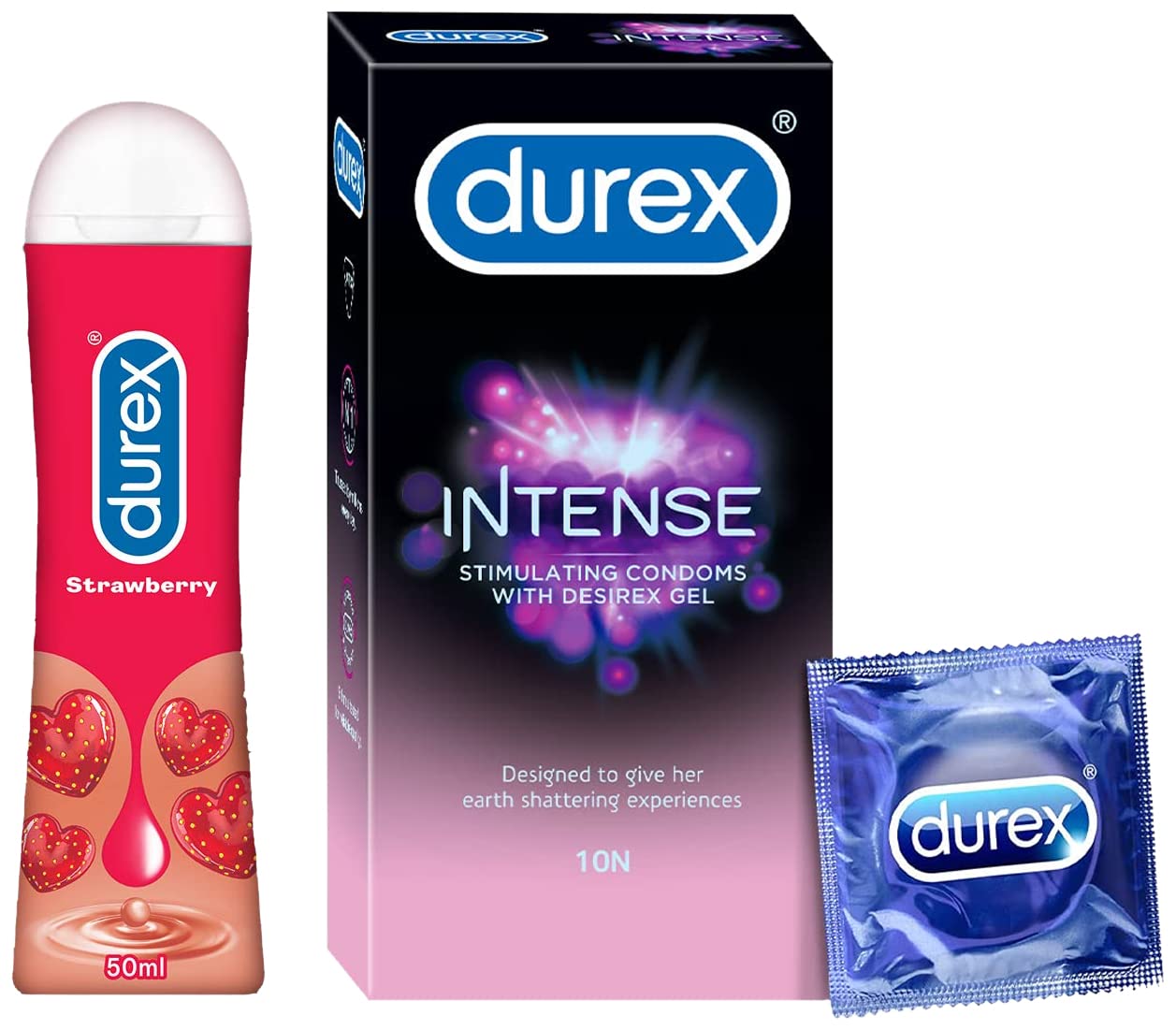 Durex Lube Strawberry Flavoured Lubricant Gel for Men&Women - 50ml | Water based lube | Compatible with condoms & toys & Intense Condoms for her - 10 Count | Dotted and Ribbed condom with Desirex gel-image-19