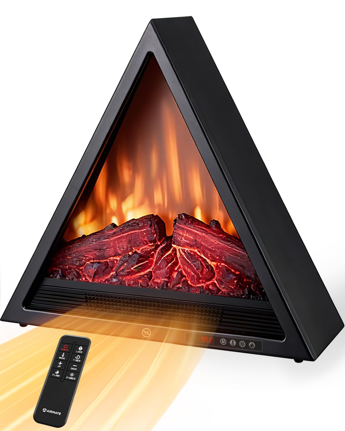 AIRMATE 22In Triangular Electric Fireplace Heater, 1800W Electric Fireplace, Fireplace Insert Logs 24H Timer, Adjustable Light & Flame Colors Overheat Protection Heater for Bedroom Living Room