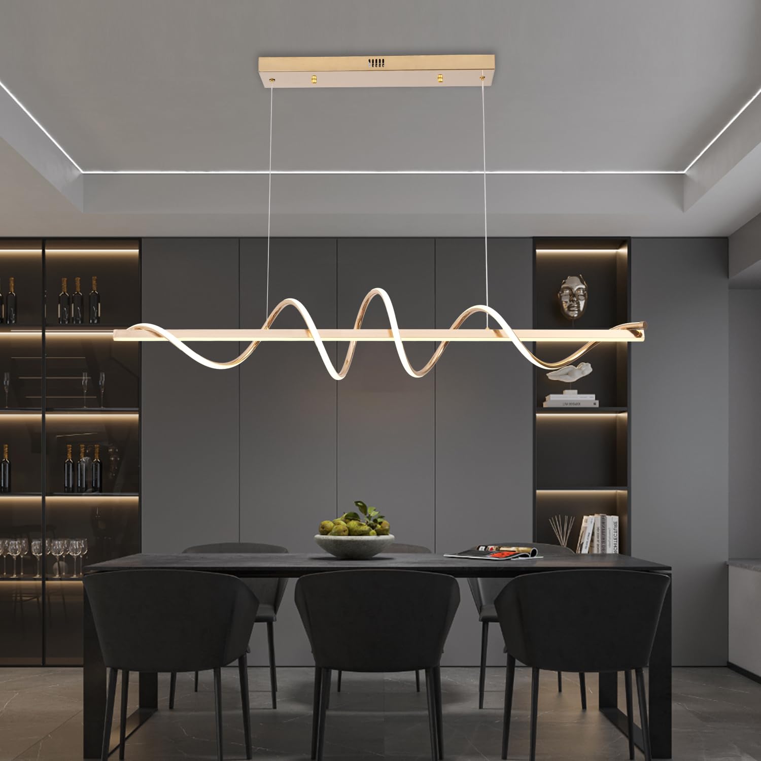 Gold Modern Chandelier for Dining Room 47.24" Gold Modern Led Pendant Light Kitchen Island Lighting Dimmable Serpentine Twist - Electroplated Gold