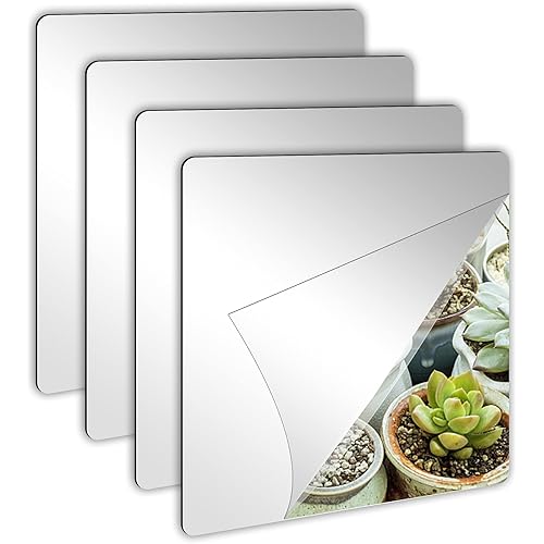 4 Pack Self Adhesive Acrylic Mirror, 8 x 8 Inch Mirror Tiles,Flexible Plastic Mirror Sheets Wall Stickers,2MM Thick Mirror,Frameless Small Mirror