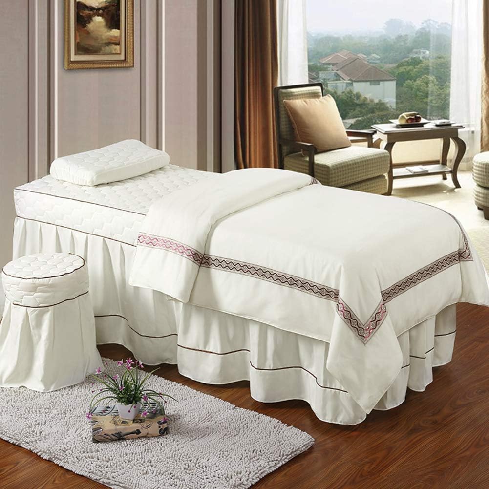 KIM DECO Massage Table Sheet Sets Bedspread In Solid Color,White 4 Pc Coverlets For Beauty Salon Spa Skirt Sheet+Blanket Cover+Pillowcase+Chair Cover-A 190x80cm(75x31inch)