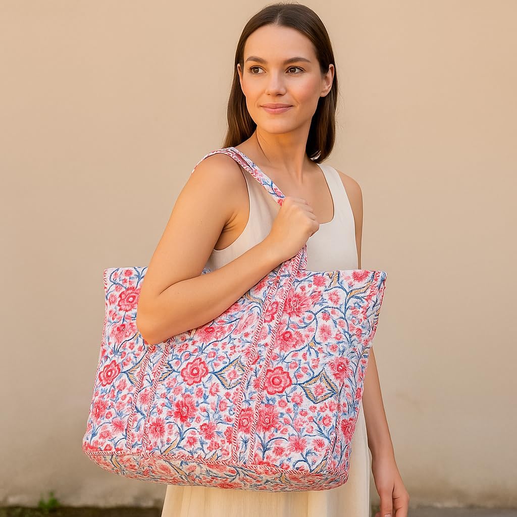 Women’s Cotton Tote Bag – Lightweight Floral Quilted Shoulder Tote for Daily Use