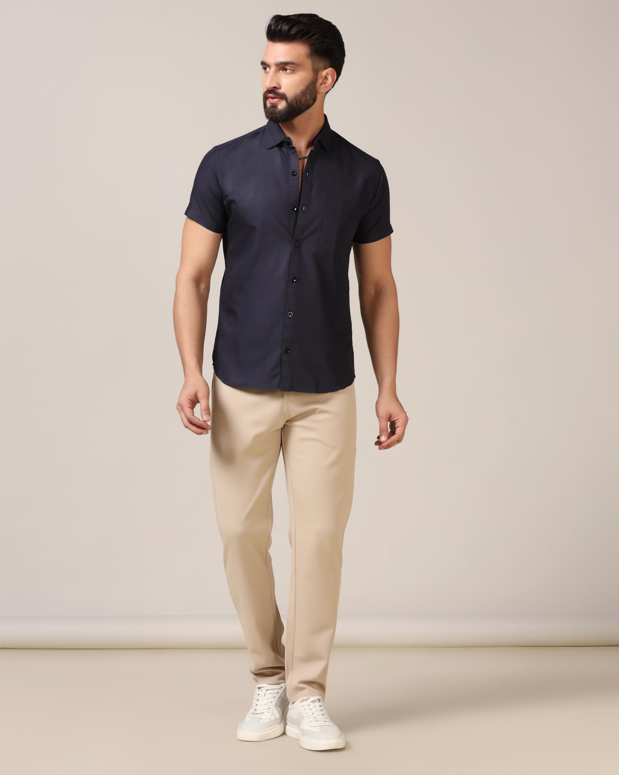 TOPLOT Camicia da uomo casual tinta unita con tasca e colletto divaricato e maniche medie